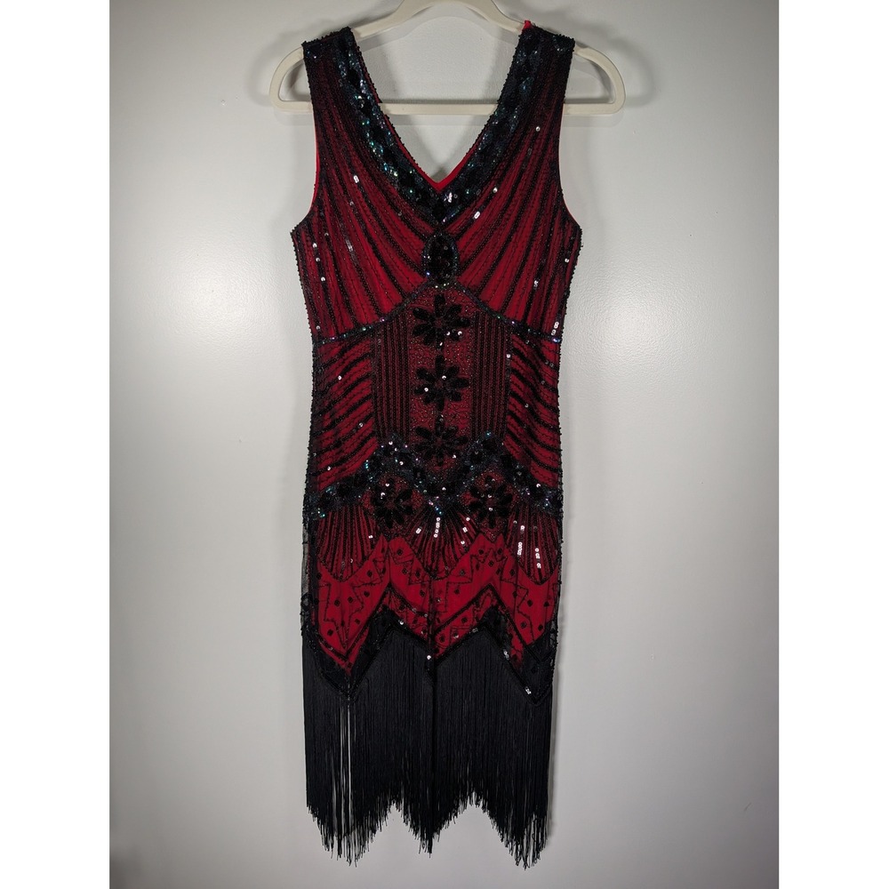 Red Black Sequin Beaded Flapper Dress Great Gatsby Costume with Gloves Medium